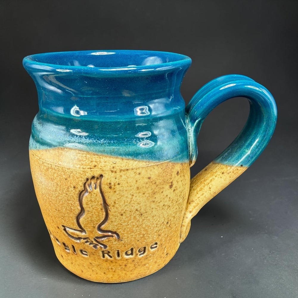 Cold Mountain Pottery Eagle Ridge Mug Blue Tan Stoneware Billings Montana 2006